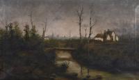 744-LATE 19TH CENTURY SPANISH SCHOOL. "LANDSCAPE WITH A RIVER AND WHITE HOUSES".