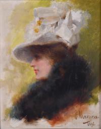 803-FRANCESC MASRIERA I MANOVENS (1842-1902). "PROFILE PORTRAIT OF GIRL WITH A HAT", 1898.
