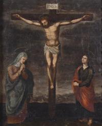 695-18TH CENTURY CANARY SCHOOL. "CRUCIFIED CHRIST WITH MADONNA AND SAINT JOHN".