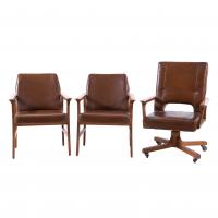 23666-SPANISH DESK CHAIR AND PAIR OF ARMCHAIRS, CIRCA 1970.