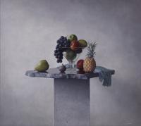 877-ADOLF GEUDENS (1954).  "STILL LIFE WITH FRUIT AND GLASS".