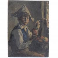 20136-ESCUELA ESPAÑOLA, FIN. SIGLO XIX. "NIÑO CON NARANJAS".