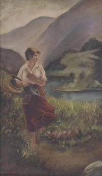 26047-ESCUELA ESPAÑOLA, SIGLO XX. "JOVEN JUNTO AL LAGO".