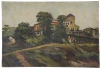 26048-ESCUELA ESPAÑOLA, SIGLO XX. "PAISAJE  RURAL CON FIGURAS", 1917.