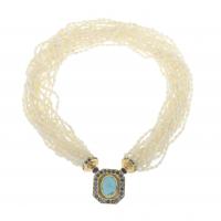 122-PEARLS NECKLACE WITH ART DECO STYLE CLASP WITH GEMSTONES. 