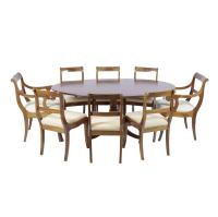 766-REGENCY STYLE DINING TABLE, TWO ARMCHAIRS AND SIX CHAIRS. 20TH CENTURY