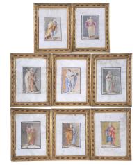 909-Conjunto de 8 grabados iluminados representando a apóstoles. Pps. Siglo XX.