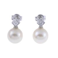 171-PEARL AND DIAMOND EARRINGS.