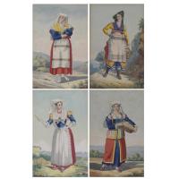 1119-ESCUELA ITALIANA, SIGLO XIX. Conjunto de 4 acuarelas de mujeres con la vestimenta regional.