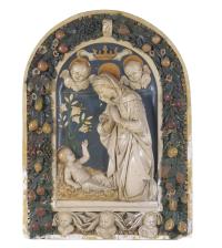 723-SIGUIENDO MODEOS DE LUCA DELLA ROBBIA (1400 - 1482). "VIRGEN MARIA Y EL NIÑO JESÚS", SIGLO XIX.