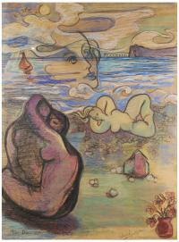 627-EDOUARD CAPRA (XX)"Un dieu sur la plage aux Rochers"Pastel sobre papel