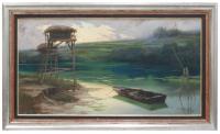 767-ENRIQUE SERRA Y AUQUÉ (1859-1918)Laguna pontina con atalaya.Óleo sobre lienzo