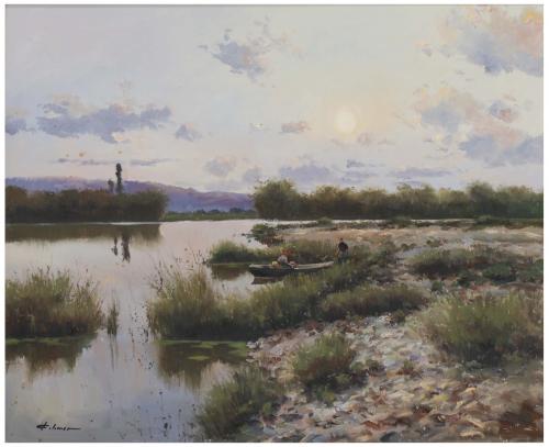 JOSEP COLOMER (1935-2002)., "Pescando en el lago"., Óleo so