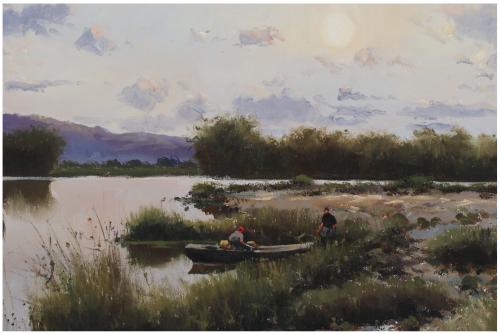 JOSEP COLOMER (1935-2002)., "Pescando en el lago"., Óleo so