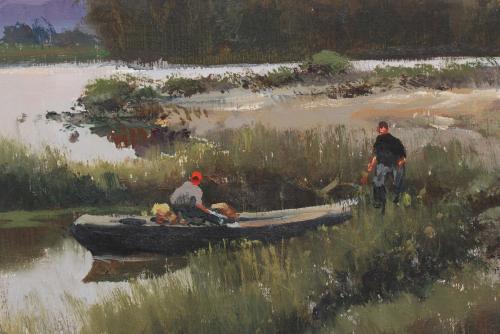 JOSEP COLOMER (1935-2002)., "Pescando en el lago"., Óleo so