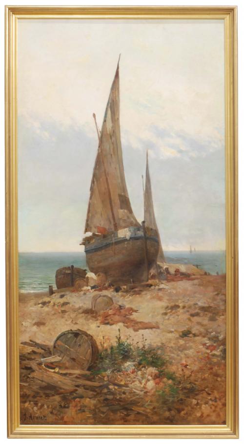 JOSEP ARMET I PORTANELL (1843-1911)., "Barca en la playa".,