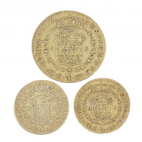 MONEDA DE CARLOS III, 1787 Y DOS DE CARLOS IV, 1788 Y 1800.