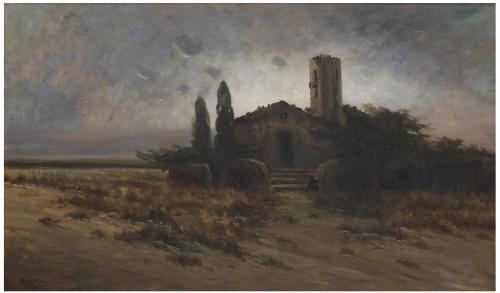 MANUEL URGELLÈS I TRIAS (1866-1939), Paisaje con ermita., Ó