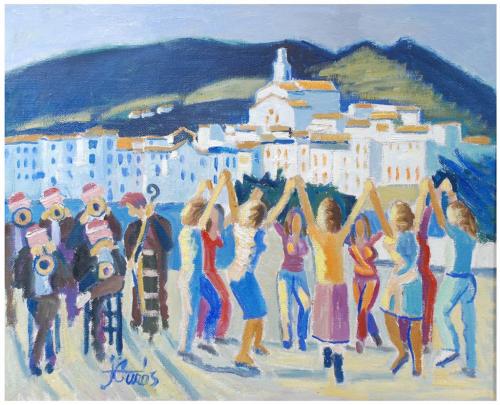 JORDI CURÓS (1930-2017), Sardana a Cadaqués, Óleo sobre lie