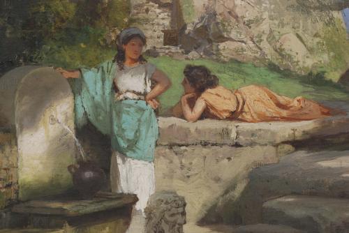 HENRYK SIEMIRADZKI (1843 - 1902), En la fuente., Óleo sobre