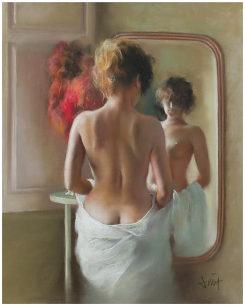 DOMINGO ÁLVAREZ GÓMEZ (1942)."Youth in front of a mirror"..Pastel on paper..