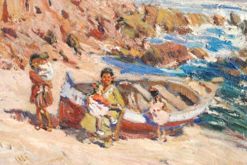 IGNACIO GIL (1913-2003), Mujer, niños y barca en la playa,