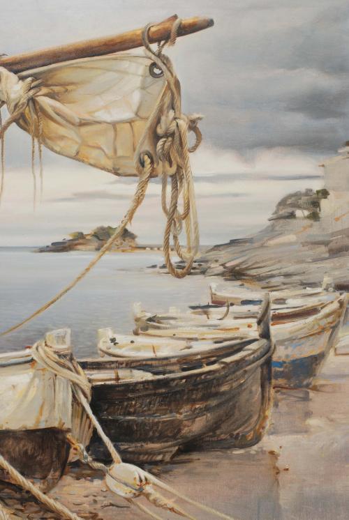 JAUME LAPORTA (1940), Barcas en la playa., Óleo sobre lienz