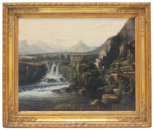 ESCUELA INGLESA, SIGLO XIX. "PAISAJE CON CASCADA", 1853.