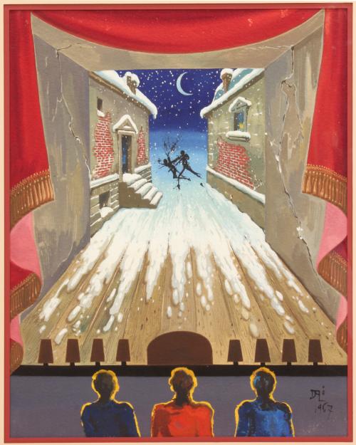 Gouache on paper.Signed and dated on the lower right corner, Dalí 1967.Includes certificate of authenticity from Nicolas y Olivier Decharnes.Provenance: Maiso Bernard Gallery, Caracas.50 x 39 cm. & 70,5 x 61 cm. frame).Salvador Dalí was a great lover of the theatre and made a great number of illustrations for musicals and plays. He developed a special interest on the works of the Marquis de Sade and designed in 1969 a set of 25 lithographies named after him, through which he illustrated his own vision of the novel Les Crimes de l'Amour. The artwork to be auctioned by Subarna is one of the original gouache paintings of this series.