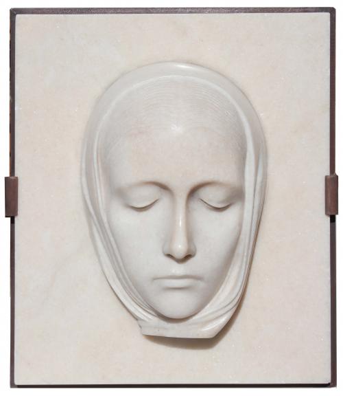 Marble on wood pedestal. Signed A. Wildt under the face. 34 x 29 x 12 cm.