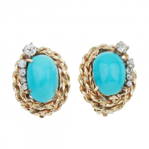 EARRINGS WITH TURQUOISE AND DIAMONDS, 60&#39;S.