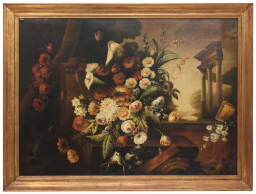 19TH CENTURY EUROPEAN SCHOOL "STILL LIFE WITH FLOWERS AND FRUITS".