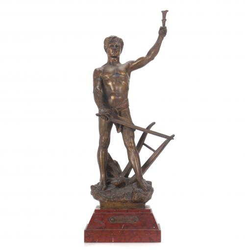 Following a model by Henri Fouques. Calamine figure on a marble-imitation pedestal. 45.50x14.50x14.50 cms
