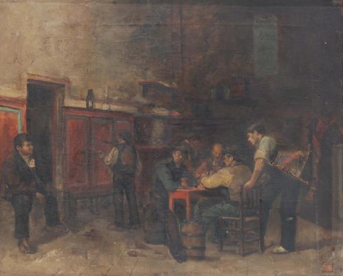 ANTONI AMORÓS I BOTELLA (1849-1925), Partida en la taberna.