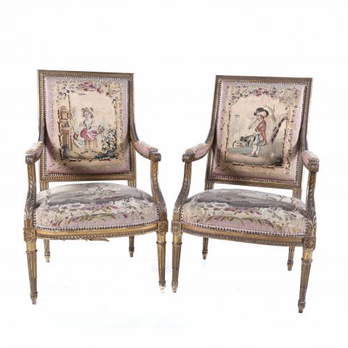 PAREJA DE SILLONES FRANCESES ESTILO LUIS XVI, SEGUNDA MITAD SIGLO XIX.