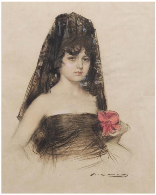 RAMON CASAS Y CARBÓ (1866-1932)., "Julia con mantilla y flo