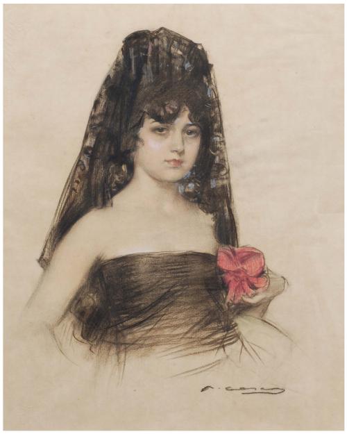 RAMON CASAS Y CARBÓ (1866-1932). "Julia con mantilla y flor".