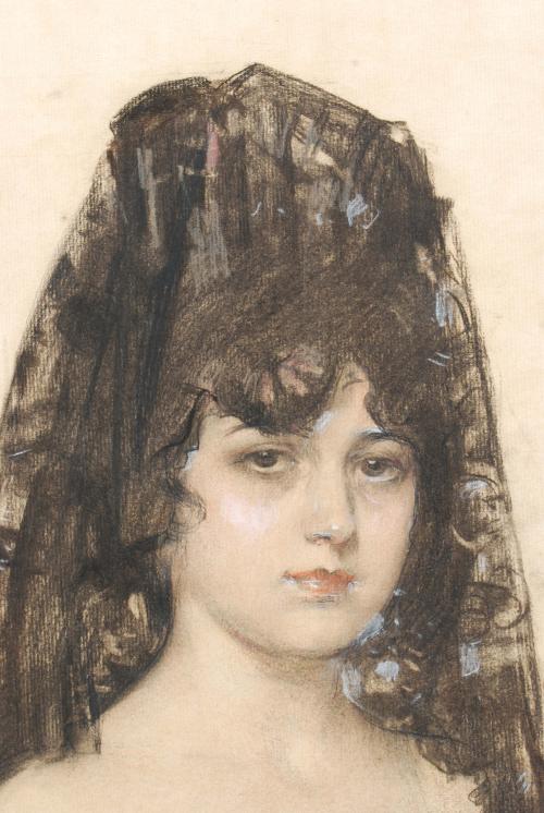 RAMON CASAS Y CARBÓ (1866-1932)., "Julia con mantilla y flo