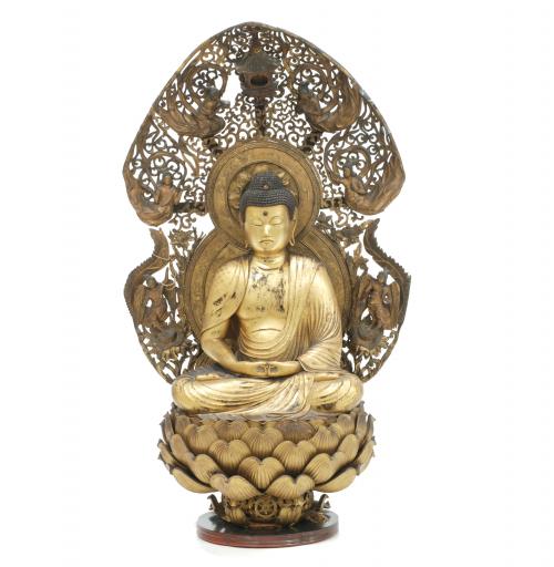 Carved in wood with lacquer and gilding with original lotus stand, and impressive carved oriole 114x66x42 cmSome small defects