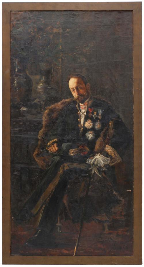 Oil on canvas.   Signed, dated and located, Rome, 1886, on the lower right corner.Losses of painting and craquelures. 199,5 x 99,5 cm and 214 x 113,5 cm (frame).