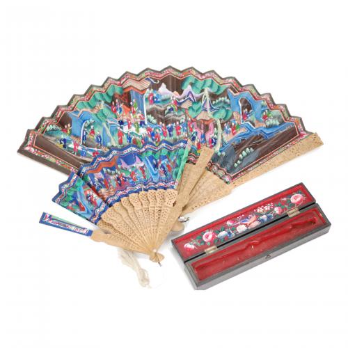 Sandalwood sticks, the paper decorated on both sides, with figures in a landscape of gardens and palatial terraces. One with the original box. One damaged.41 cm. the largest.