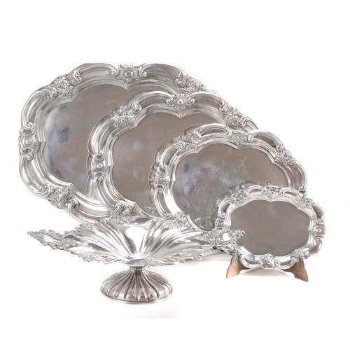FOUR SPANISH SILVER TRAYS AND CENTERPIECE, MID 20TH CENTURY