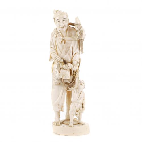 JAPANESE SCHOOL , MEIJI PERIOD, LATE C19th OKIMONO "OLD MAN WITH MONKEYS"