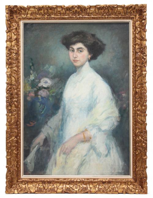 RICARD CANALS Y LLAMBI (1876-1931) " PORTRAIT OF WOMAN WITH FLOWERS", 1912