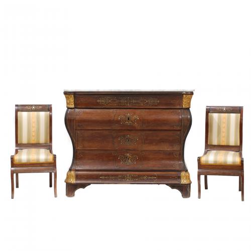 SPANISH CHEST OF DRAWERS & TWO CHAIRS, MID C19th