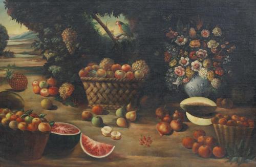 ESCUELA ESPAÑOLA, SIGLO XIX. "BODEGÓN DE FLORES Y FRUTA".