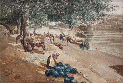 MANUEL GARCÍA Y RODRÍGUEZ (1863-1925). "MARKET BY THE RIVERSIDE", SEVILLE 1904.