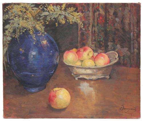 OLEGUER JUNYENT SANS (1876-1958). "STILL LIFE WITH FRUIT AND BLUE VASE".