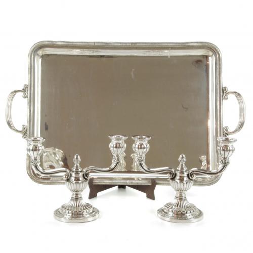 SPANISH SILVER TRAY AND CANDELABRAS, MID C20th