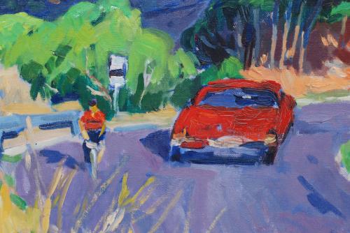 RAMÓN SANVICENS MARFULL (1917-1987). "RED CAR AND CYCLIST".